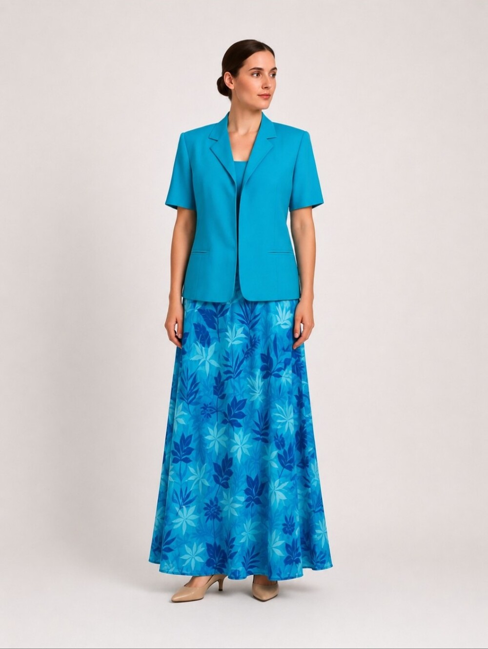 Vintage | Turquoise Teal Jacket And Floral Skirt Set